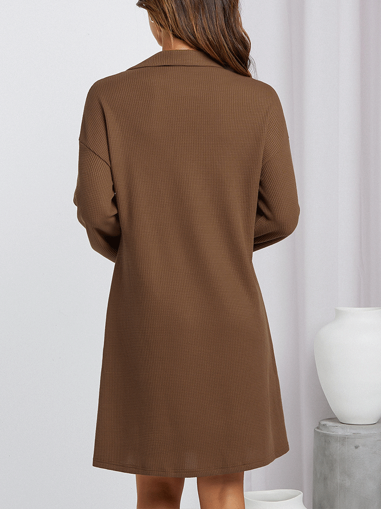 Waffle Knit Collared Midi Dress - View 8 | Lwiis