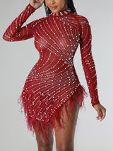 Feather Trim Rhinestone Mini Dress - View 16 | Lwiis