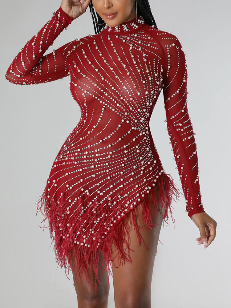 Feather Trim Rhinestone Mini Dress - View 16 | Lwiis