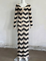 Geometric chevron knit maxi dress with long sleeves and tie neckline - View 6 | Lwiis