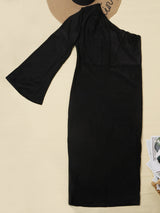 Close-up of the bodice of a black one-shoulder midi dress with a cut-out detail