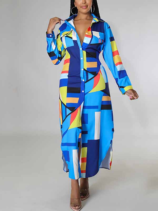 Abstract print long sleeve button down maxi dress with collared neckline and high-low hem - View 9 | Lwiis