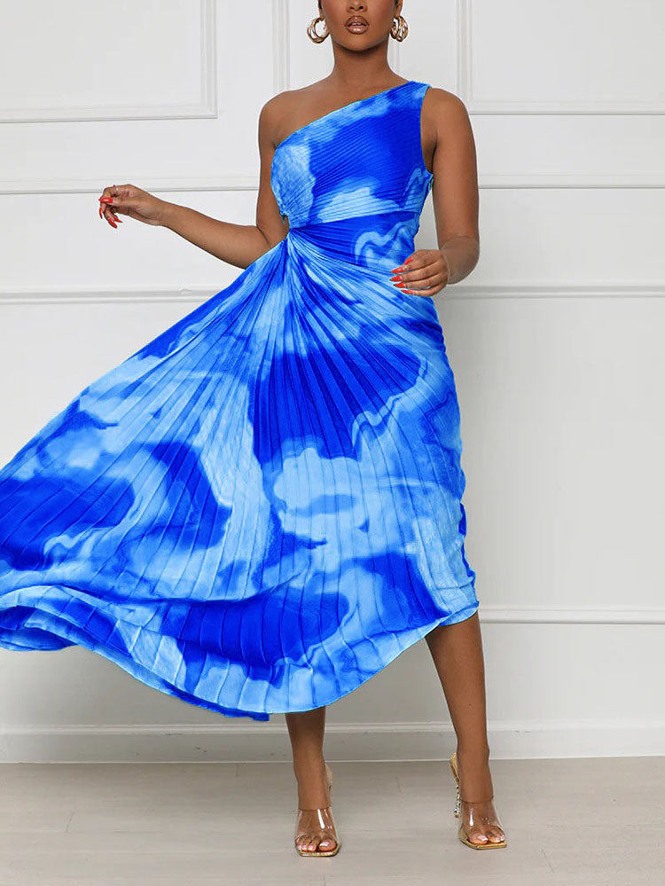 A woman wearing a one shoulder pleated midi dress - View 6 | Lwiis