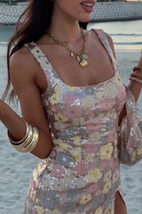 Sequin Floral Pattern Square Neck Slit Slip Mini Dress - Silver - View 8 | Lwiis
