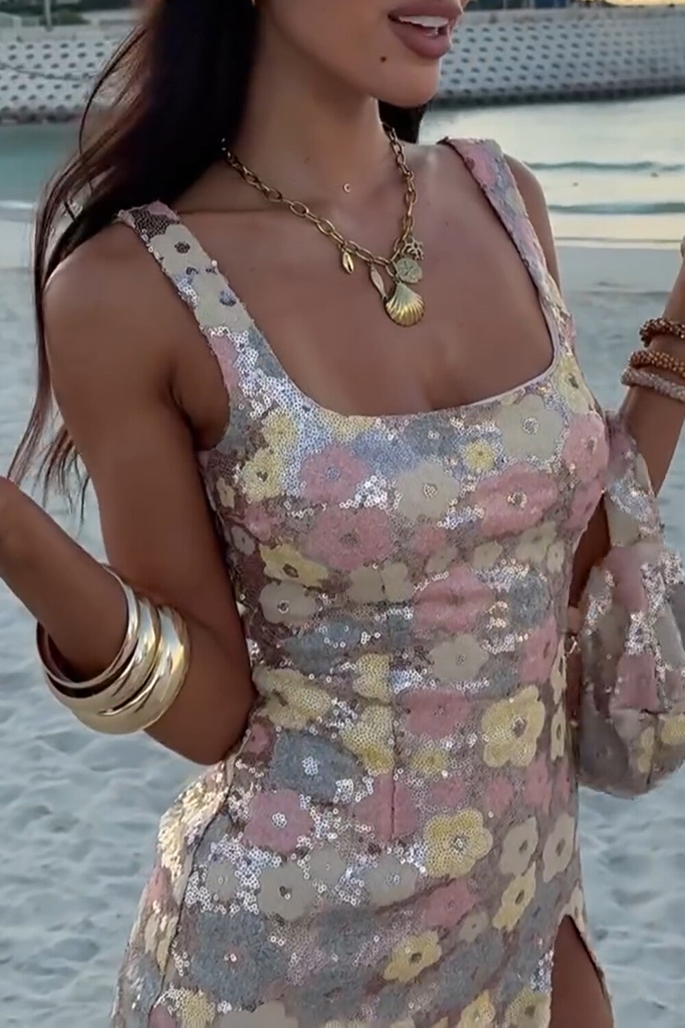 Sequin Floral Pattern Square Neck Slit Slip Mini Dress - Silver - View 8 | Lwiis