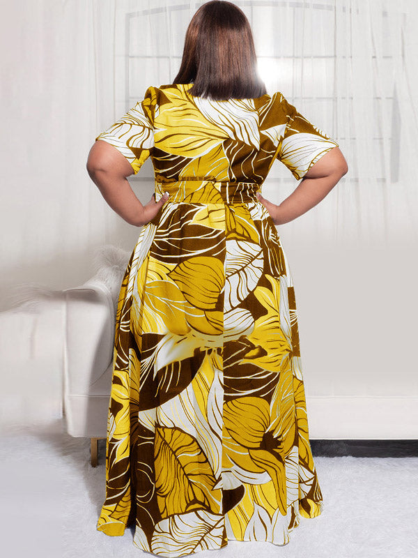 Printed V-neck maxi dress with short sleeves and a belted waist - View 10 | Lwiis