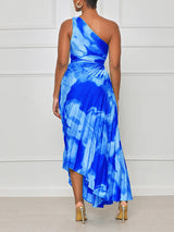 A woman wearing a one shoulder pleated midi dress - View 9 | Lwiis
