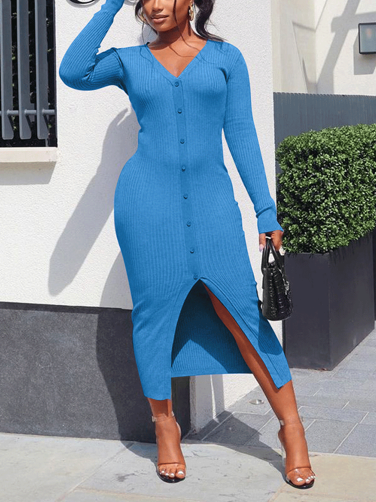 Ribbed Knit Midi Dress - View 8 | Lwiis