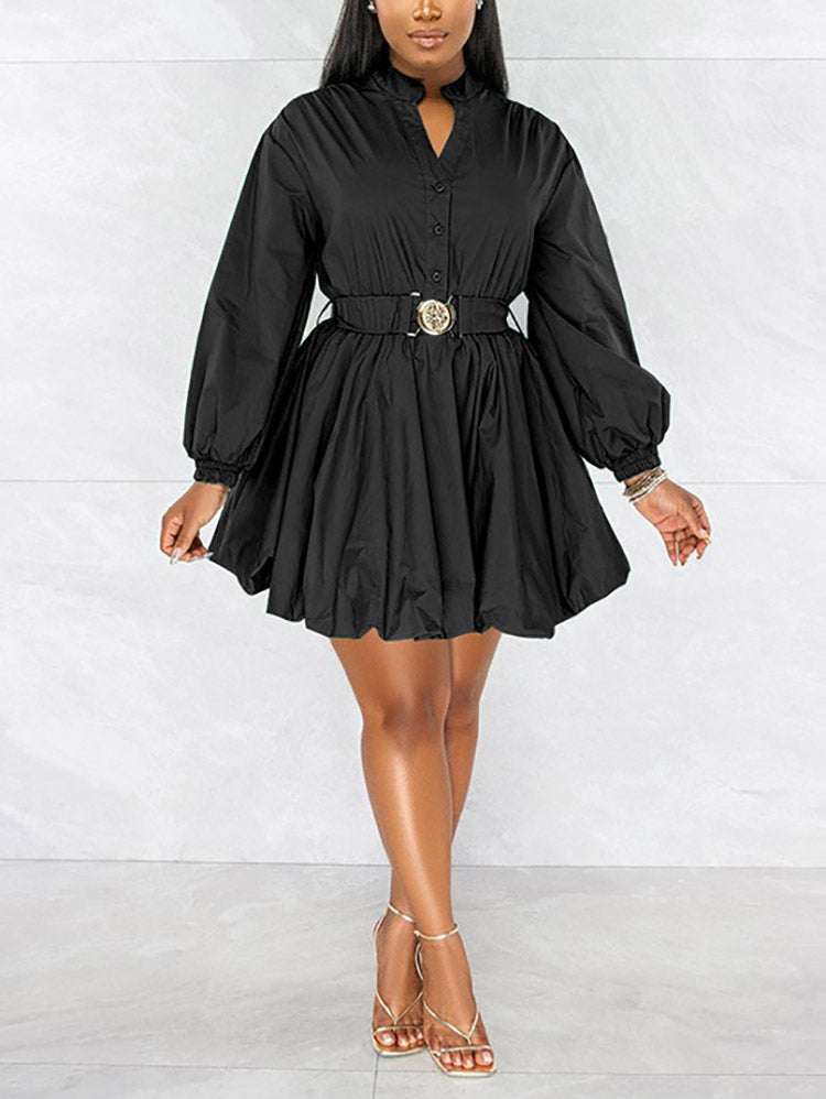 Puffy sleeve belted dress - View 21 | Lwiis