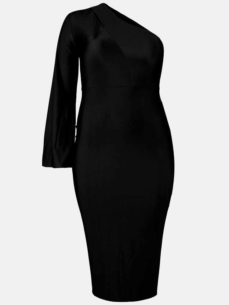 Full body shot of a plus-size woman wearing a black one-shoulder midi dress and clear heels