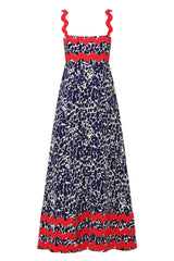 Front view of a blue and white animal print maxi dress with red scalloped trim on the neckline and hem, shown flat.