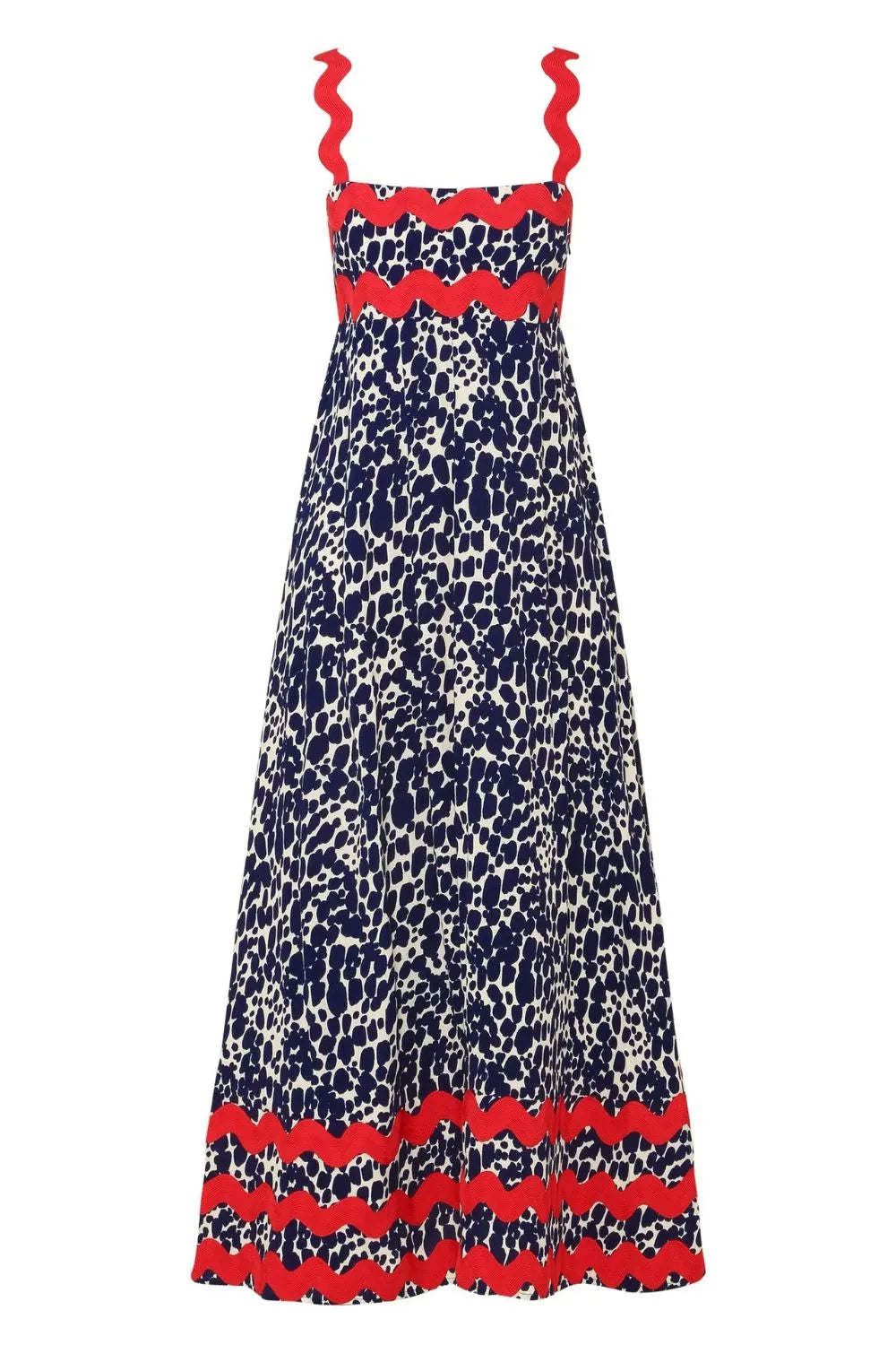 Front view of a blue and white animal print maxi dress with red scalloped trim on the neckline and hem, shown flat.