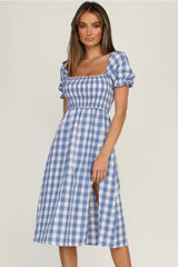 Plaid Midi Dress with Puff Sleeves - View 8 | Lwiis