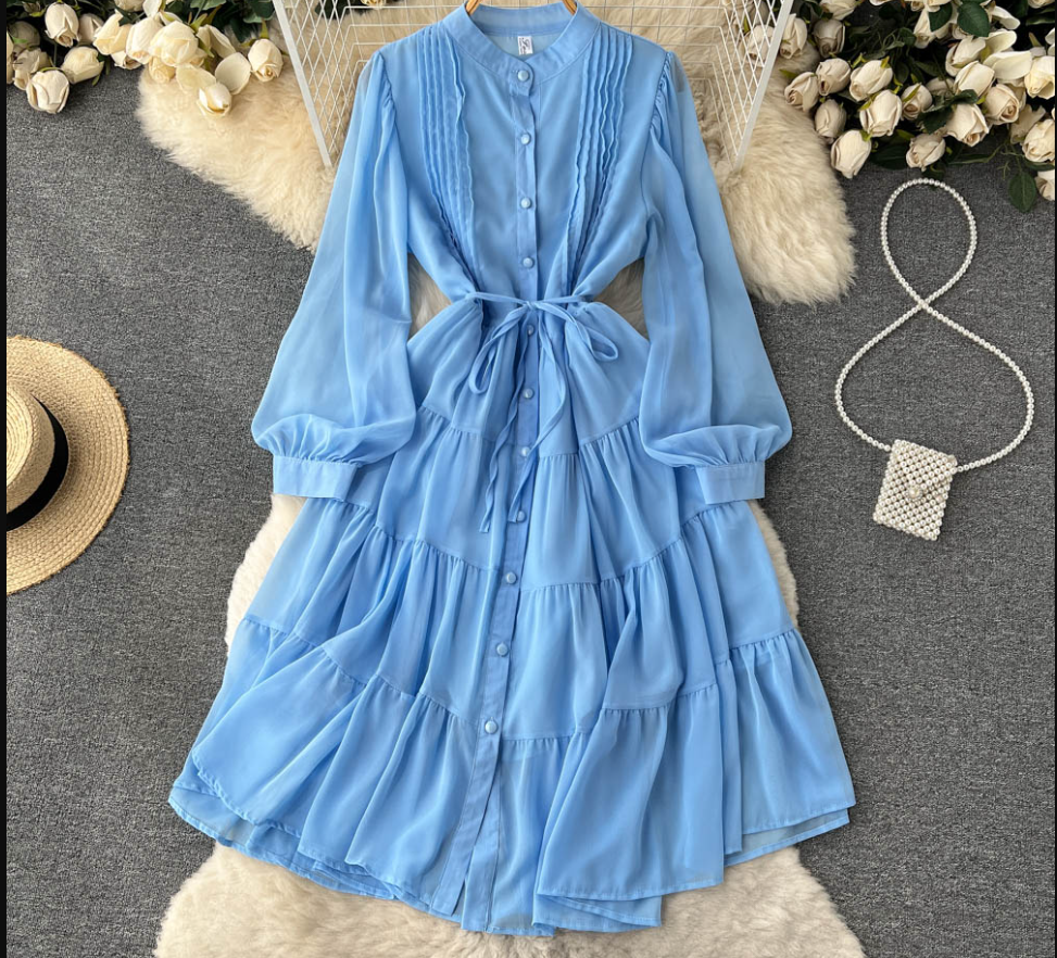 Blue chiffon tiered midi dress with puffed sleeves and self-tie belt