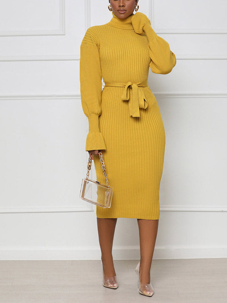 Turtleneck knit midi dress with belt - View 6 | Lwiis