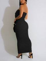 Strapless fitted midi dress with textured fabric and ruched detail - View 11 | Lwiis