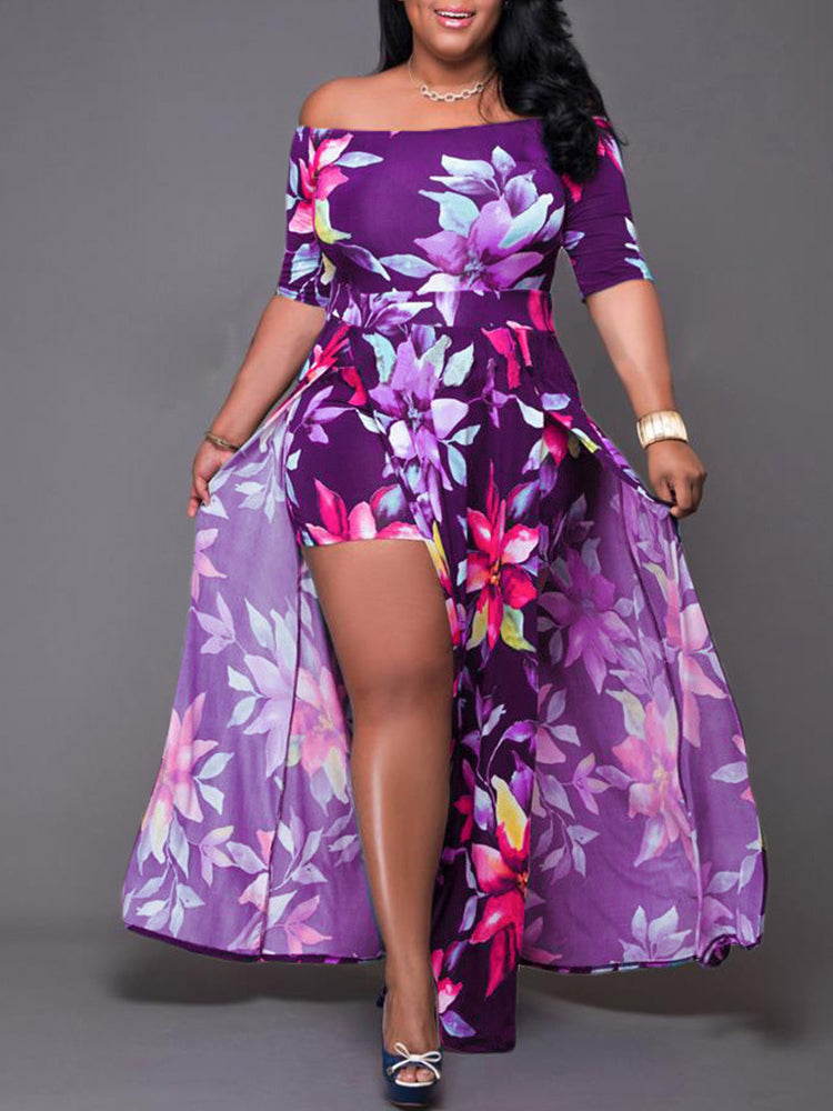 Floral print maxi dress with off-shoulder neckline and high leg slit - View 7 | Lwiis