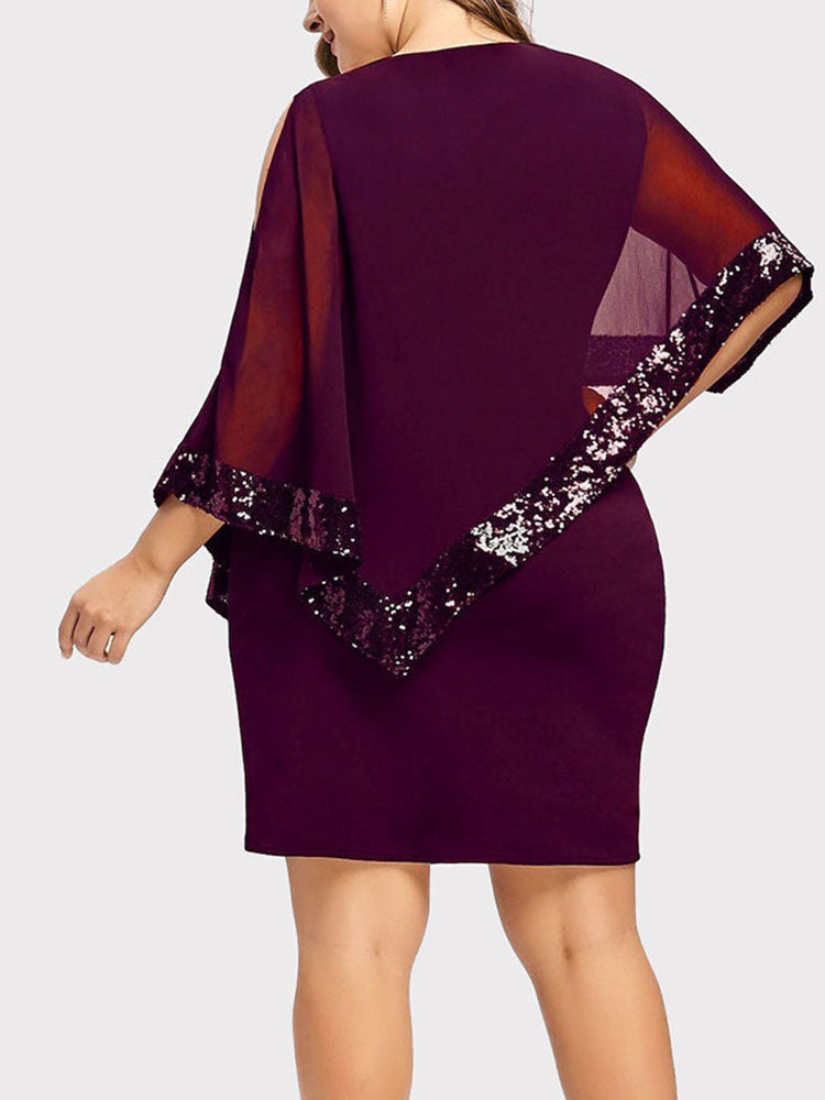 Asymmetric Sequins Dress with Cape Overlay - View 14 | Lwiis