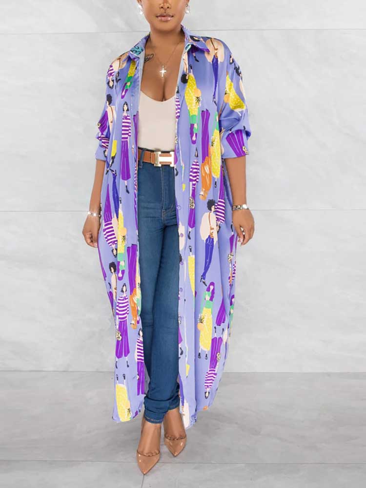 Woman wearing a long, light purple collared shirt dress with a colorful graphic print of people, open over jeans and a tank top.