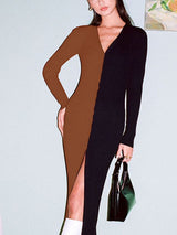 Woman wearing a brown and black color-block ribbed knit midi dress with a v-neck and high slit