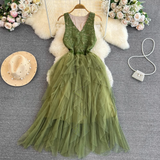 Green tiered tulle dress with lace bodice