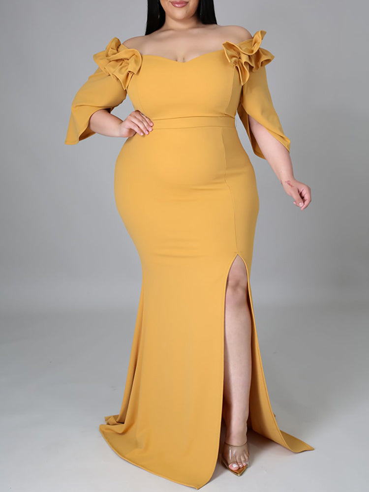 Elegant mermaid party dress with ruffle off-shoulder neckline - View 8 | Lwiis