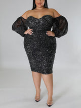 Sequin Midi Dress with Puff Sleeves - View 10 | Lwiis