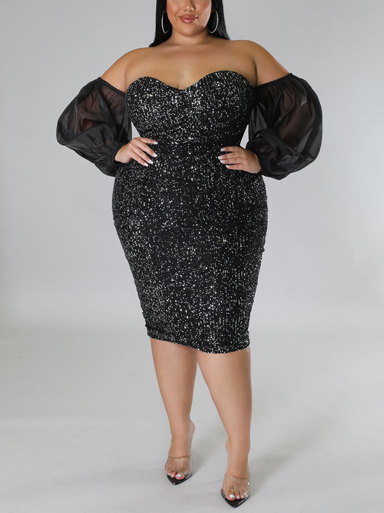 Sequin Midi Dress with Puff Sleeves - View 10 | Lwiis