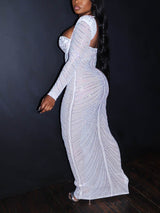 Mesh Embellished Long Sleeve Gown - View 10 | Lwiis
