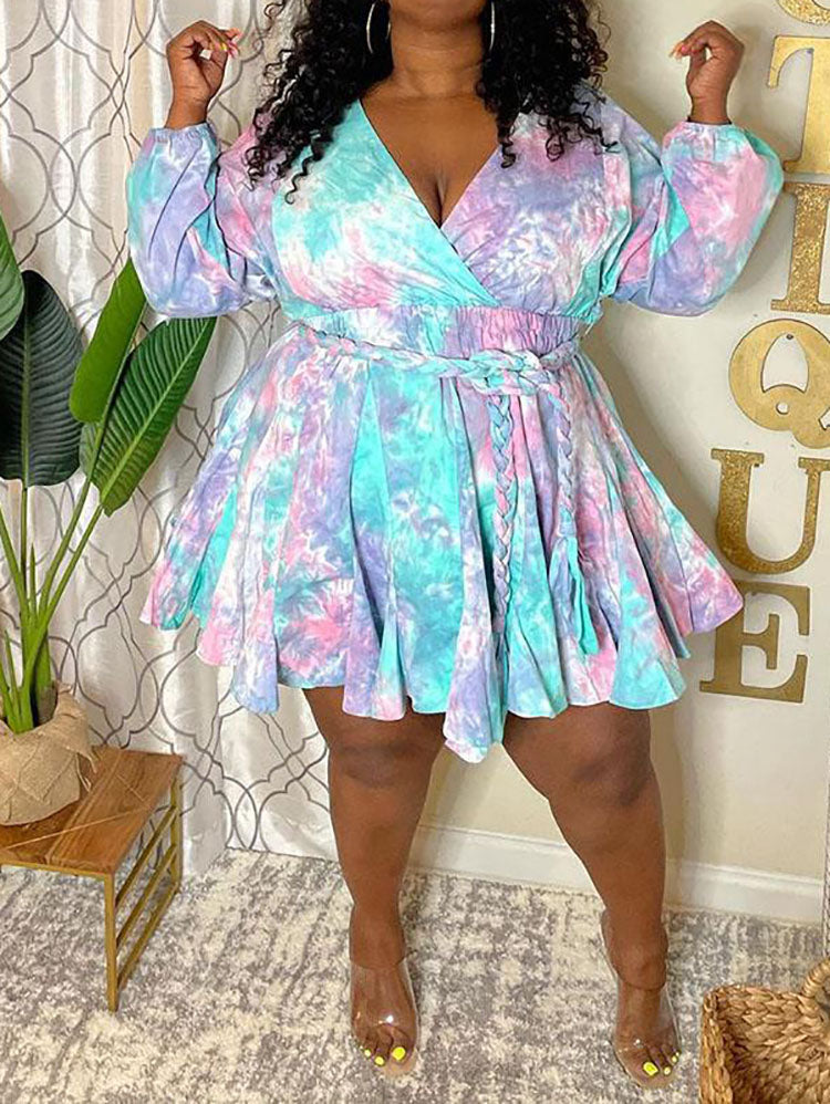 Tie dye V neck mini dress with belt - View 22 | Lwiis