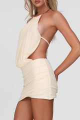 Ruched Solid Color Bodycon Halter Open Back Mini Dresses - Beige Pre Order
