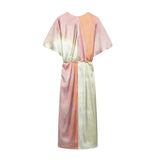 pink, yellow, and green ombre satin midi dress with batwing sleeves and a tie waist, shown back view