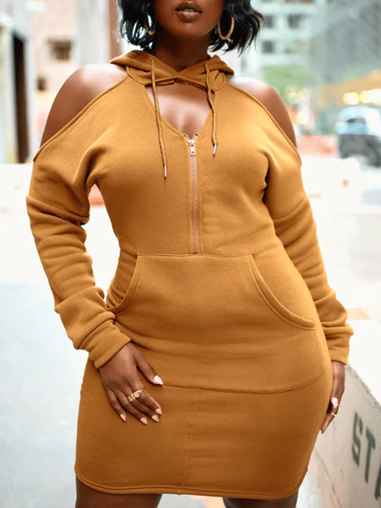 woman in a brown hooded dress with cold shoulder design and zipper closure