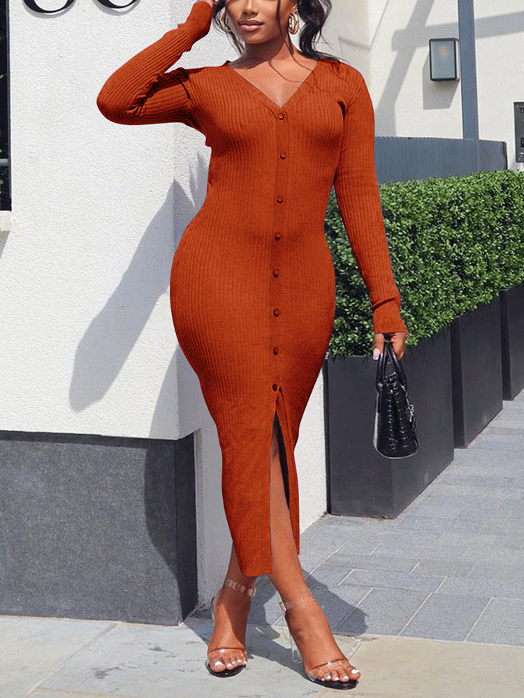 Woman wearing an orange long-sleeve ribbed knit midi dress with a v-neck and button-down front.