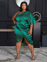 Satin one shoulder ruched midi dress - View 9 | Lwiis