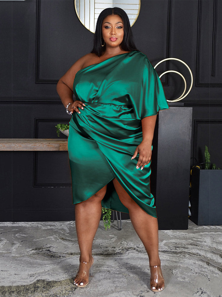 Satin one shoulder ruched midi dress - View 9 | Lwiis