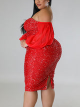 Sequin Midi Dress with Puff Sleeves - View 6 | Lwiis