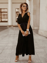 V-neck pleated maxi dress with ruffled trim and belted waist - View 22 | Lwiis