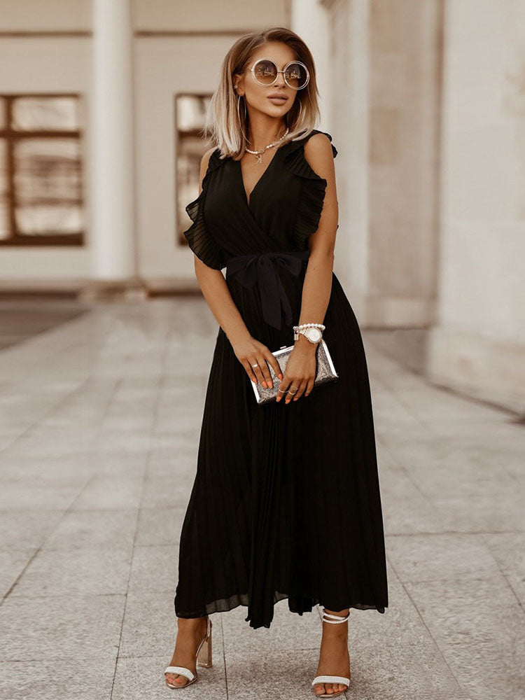 V-neck pleated maxi dress with ruffled trim and belted waist - View 22 | Lwiis