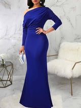One shoulder elegant party dress with draped bodice and mermaid hem - View 14 | Lwiis