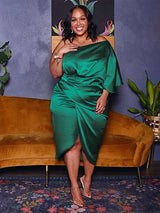 Satin one shoulder ruched midi dress - View 7 | Lwiis