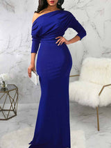 One shoulder elegant party dress with draped bodice and mermaid hem - View 13 | Lwiis