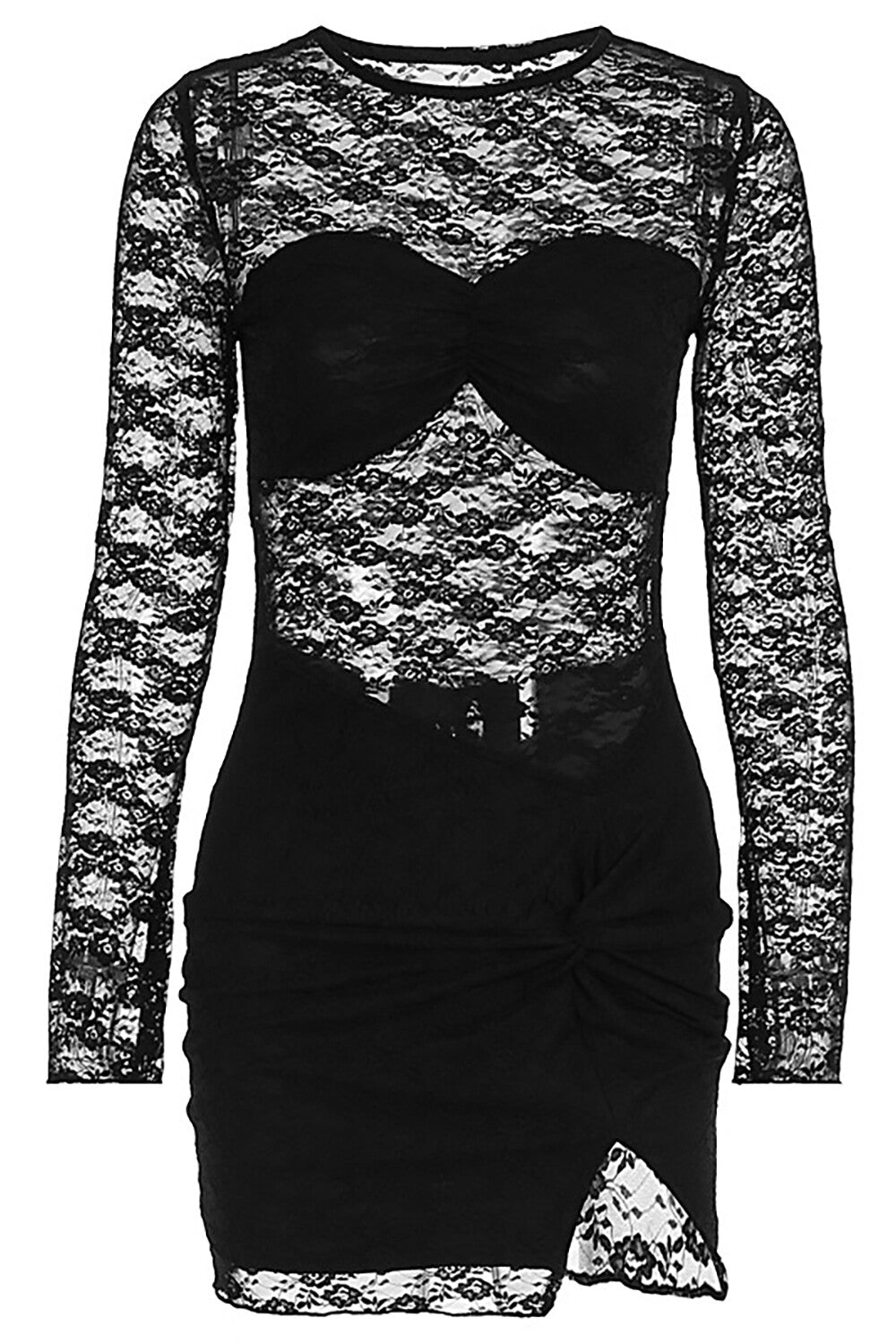 Product image of a black lace mini dress with long sleeves and a ruched bust.
