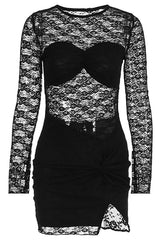 Product image of a black lace mini dress with long sleeves and a ruched bust.