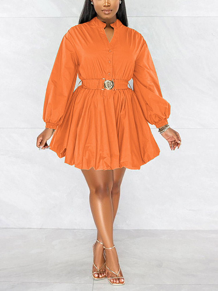 Puffy sleeve belted dress - View 29 | Lwiis