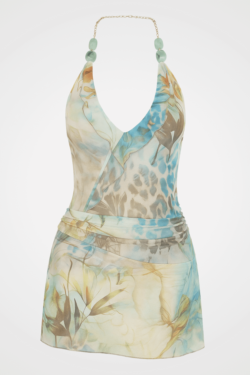Close-up of the halter neckline with beaded chain detail on a sheer floral print dress