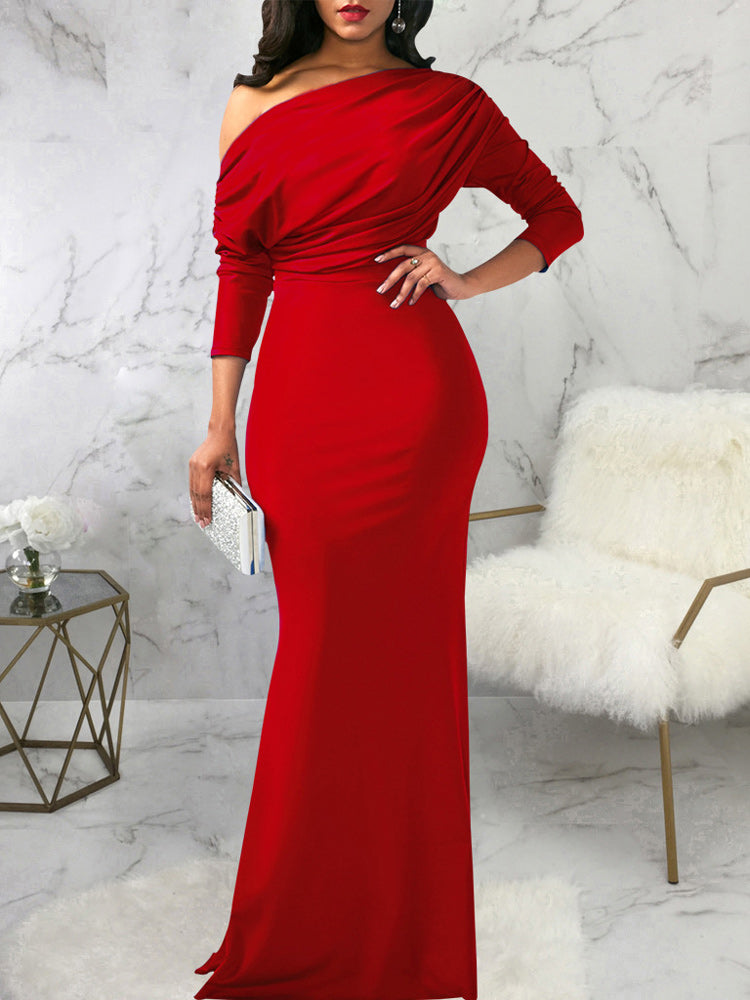 One shoulder long sleeve ruched maxi dress - View 11 | Lwiis