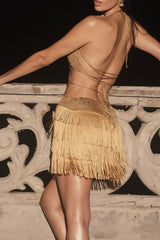 Knit Plunge Neck Cutout Tiered Fringed Halter Mini Dresses - Gold