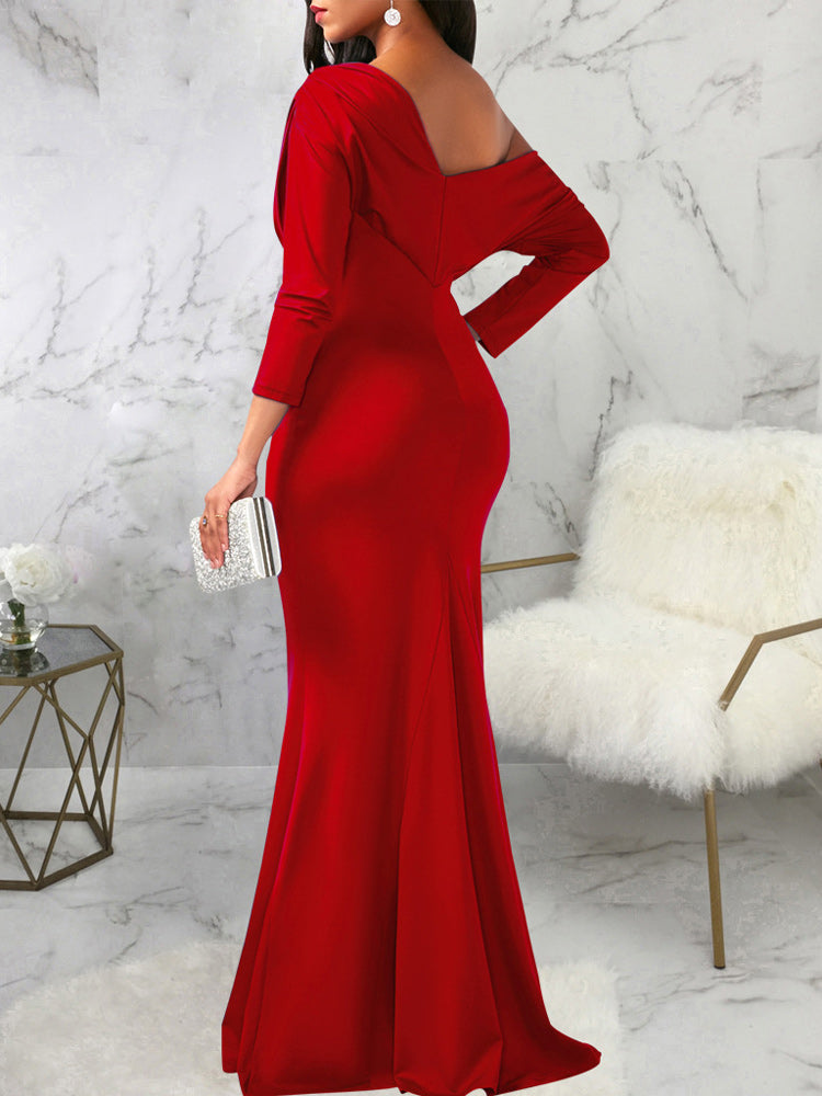 One shoulder long sleeve ruched maxi dress - View 12 | Lwiis