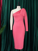 Pink one-shoulder dress with a long sleeve displayed on a mannequin.